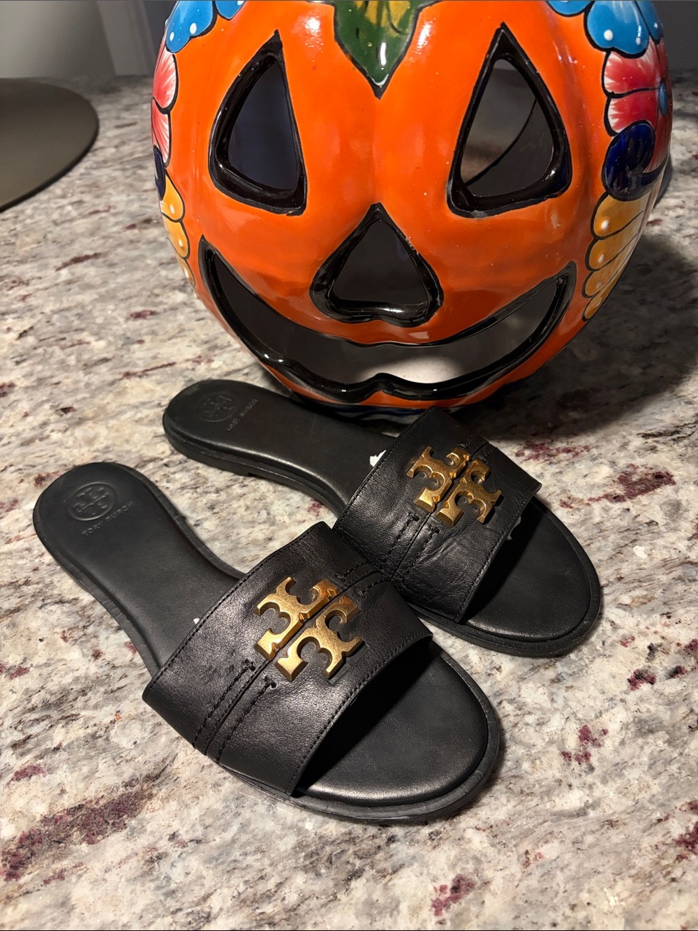 Tory Burch Black Leather Slide Sandals with Gold Double-T Logo